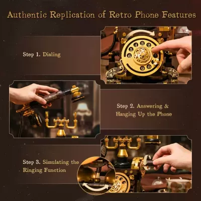 Telefone retro dourado e castanho com disco numerado e detalhes ornamentados