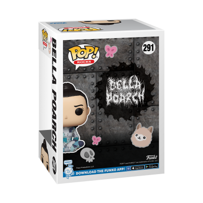 Funko Pop Rocks de Bella Poarch em embalagem cinza com texto branco estilizado e desenhos de flores e gato