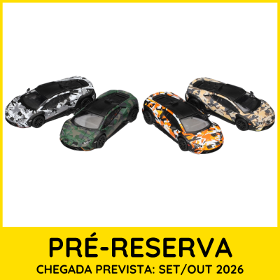 Quatro carros em miniatura camuflados com padrão de cores várias e texto de pré-reserva amarelo.