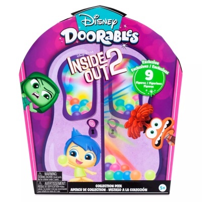 Embalagem rosa e roxa do brinquedo Disney Doorables Inside Out 2 com personagens e bolas coloridas