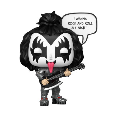 Figura Funko Pop de músico com rosto pintado e guitarra, com balão de fala