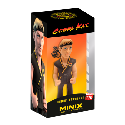 Caixa do Minix Johnny Lawrence da série Cobra Kai com figura colecionável à vista.