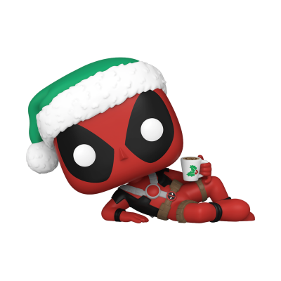 Boneco Funko Pop do Deadpool com gorro de Natal e caneca com azevinho