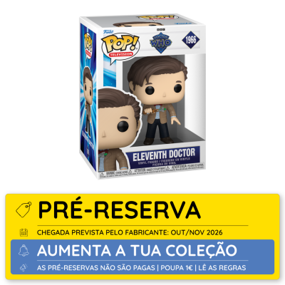 Figura Funko Pop Eleven Doctor em embalagem com texto e placa de pré-reserva amarela