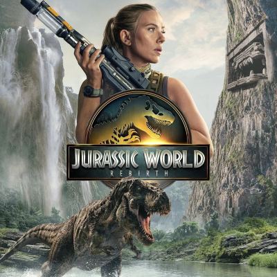 Cartaz de filme Jurassic World com mulher, tiranossauro e paisagem