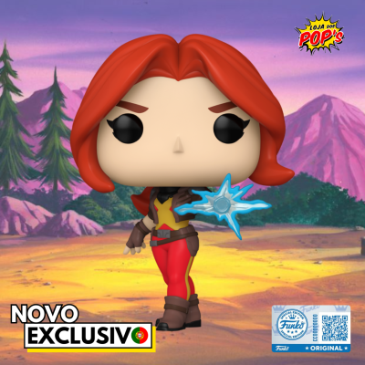 Figura Funko Pop personagem com cabelo vermelho e roupa vermelha e amarela com efeito azul
