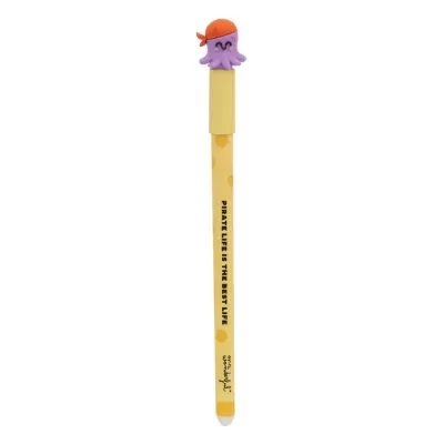 Caneta amarela de bolinhas com texto e topo de polvo roxo pirata