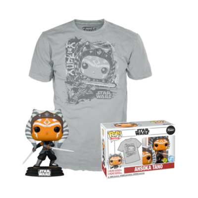 Conjunto Star Wars com t-shirt cinzenta e figura Funko Pop Ahsoka Tano em embalagem
