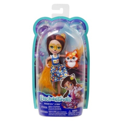 Boneca Enchantimals com vestido azul e pequeno animal laranja em embalagem plástica