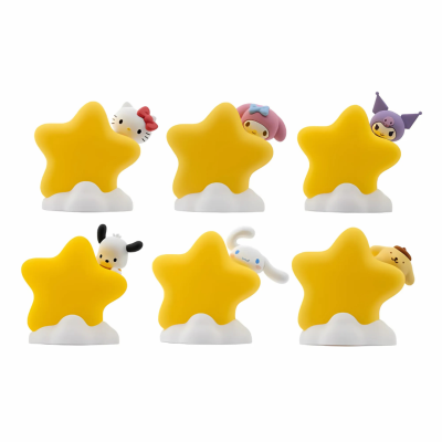 Seis figuras de estrelas amarelas com personagens Sanrio espreitando por trás