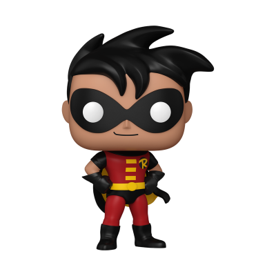 Figura Funko Pop do super-herói Robin com traje vermelho e negro.