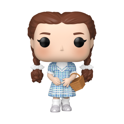 Funko Pop de personagem feminina com vestido xadrez azul e branco e tranças castanhas