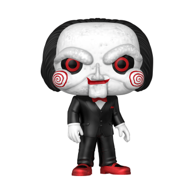 Funko Pop do personagem Billy com cara branca, bochechas vermelhas e fato preto com sapatos vermelhos