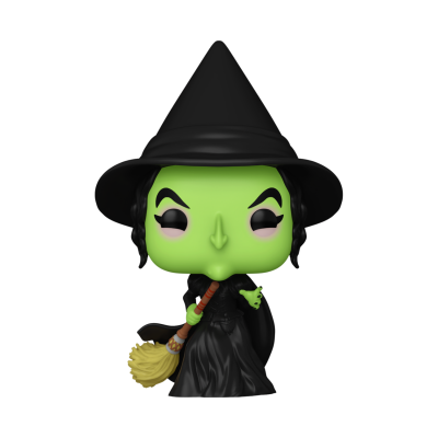 Figura Funko Pop de bruxa verde com vestido e chapéu pretos, segurando vassoura