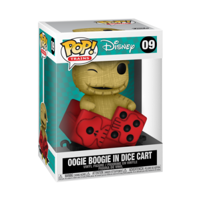 Figura de vinil Oogie Boogie em carrinho de dados na embalagem Pop! Trains Disney