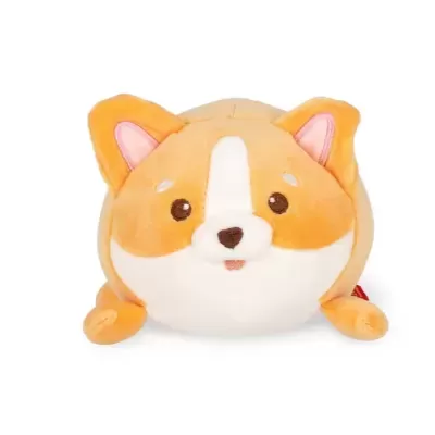 Pelúcia de cães laranja e branco redonda com detalhes em rosa