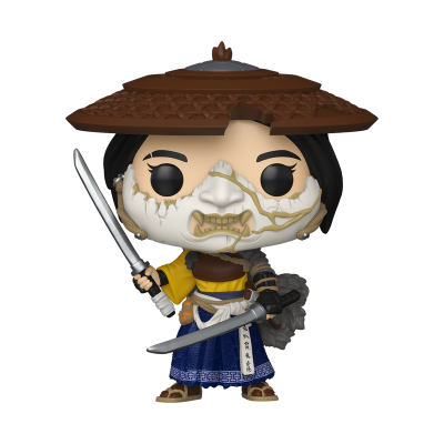 Funko Pop de personagem com máscara branca rachada e chapéu castanho trançado