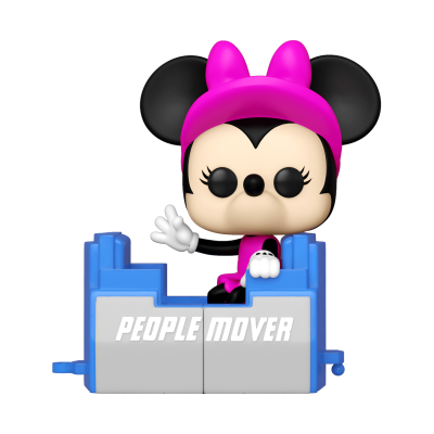 Figura Funko Pop da Minnie Mouse sentada numa cadeira azul com texto 'PEOPLE MOVER'