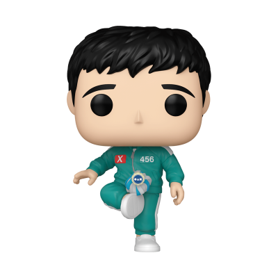 Figura Funko Pop de personagem com fato verde água e número 456