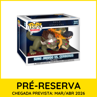 Funko Pop! Deluxe Sung Jinwoo vs Cerberus em caixa com janela transparente e avisos de pré-reserva.