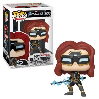 Figura Funko Pop! Black Widow com fato preto e detalhes dourados e cabelo vermelho