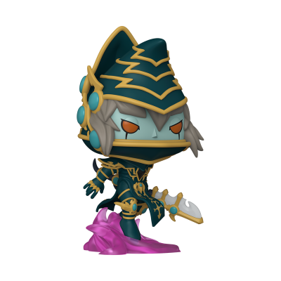 Figura colecionável estilizada com cores azul-escuro, dourado, olhos laranja e base rosa