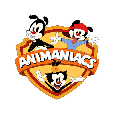 Logótipo Animaniacs com três personagens animados coloridos