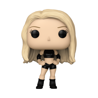 Figura Funko Pop feminina com cabelo loiro e roupa preta.