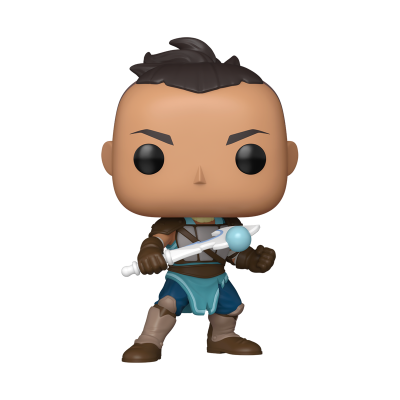 Figura Funko Pop com cabelo castanho e roupa azul e castanha segurando arma