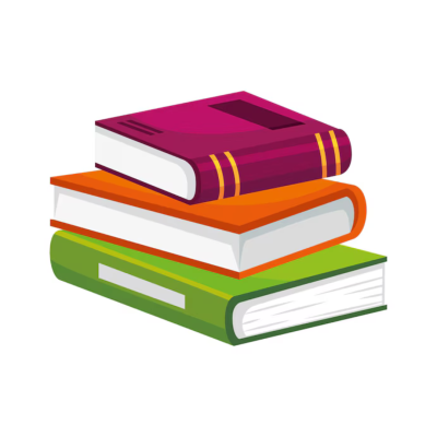 Três livros empilhados com capas coloridas