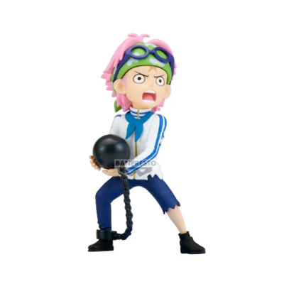 Figura de ação segurando bola preta com corrente, roupa azul e branca, cabelo rosa