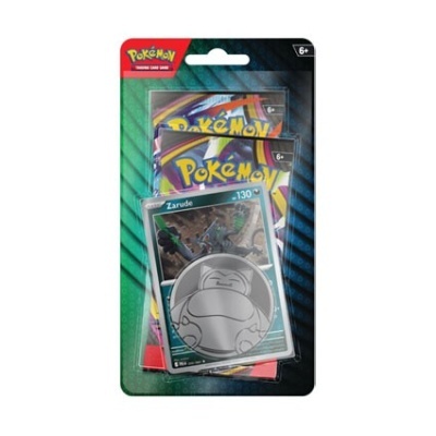 Embalagem de cartas Pokémon com cartas Zarude e moeda metálica