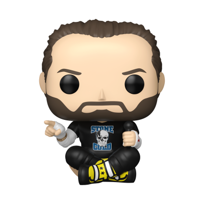 Figura Funko Pop homem com camisola Stone Cold, bota amarela e microfone preto sentado