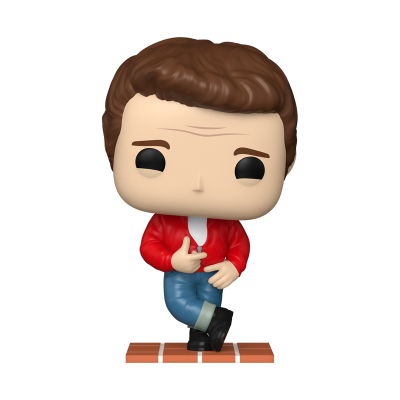 Figura Funko Pop de homem com casaco vermelho, calças azuis em base de chão de madeira