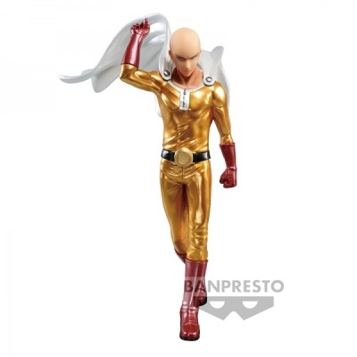 Figura colecionável de personagem careca com fato dourado, luvas e botas vermelhas, capa branca.