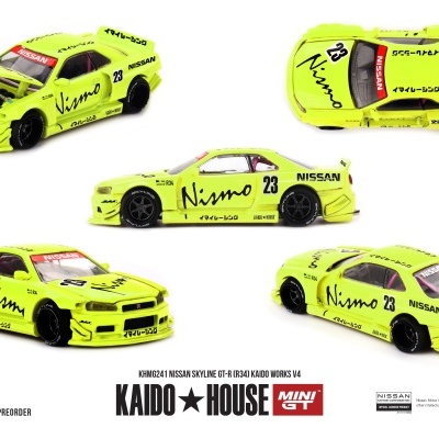 Miniatura de carro Nissan Skyline GT-R amarelo neón com decorações Nismo e Nissan