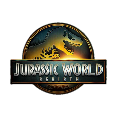 Logótipo JURASSIC WORLD REBIRTH com dinossauro T-Rex em dourado e negro