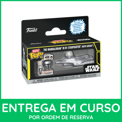 Brinquedo Funko Bitty Pop! Mandalorian em nave N1 Starfighter com Grogu na embalagem