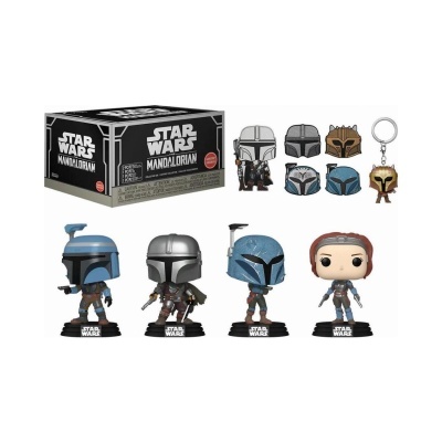 Conjunto figuras Funko Pop Star Wars Mandalorian com quatro bonecos, acessórios capacetes e chaveiro em caixa.