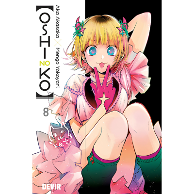 Capa do manga Oshi no Ko volume 8 com personagem feminina de cabelo loiro e roupa rosa e verde.