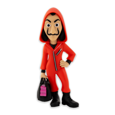 Figura de PVC com fato vermelho, botas pretas e mala preta com objectos cor-de-rosa