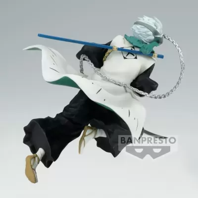 Figura de ação de personagem com roupa preta e casaco branco esvoaçante segurando bastão azul