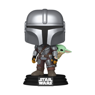 Figura colecionável do Mandalorian com Baby Yoda na base STAR WARS