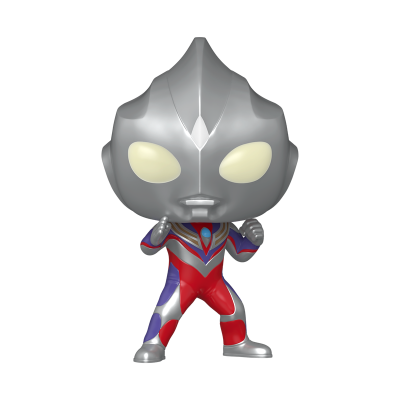 Funko Pop de personagem Ultraman com cores prateado, vermelho, azul e detalhes dourados, com olhos ovais amarelo claro, em pose de luta