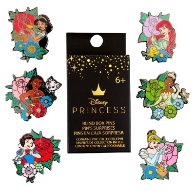 Pins Disney Princess coloridos com princesas, flores e animais, em volta de caixa surpresa preta