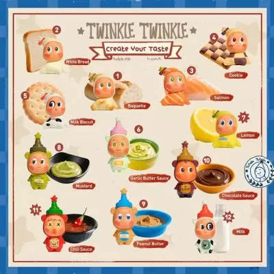 Personagens com alimentos variados e texto TWINKLE TWINKLE Create Your Taste