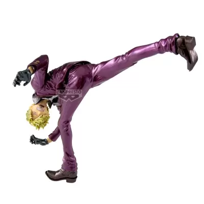 Figura plástica de homem em pose de dança com fato roxo e cabelo louro