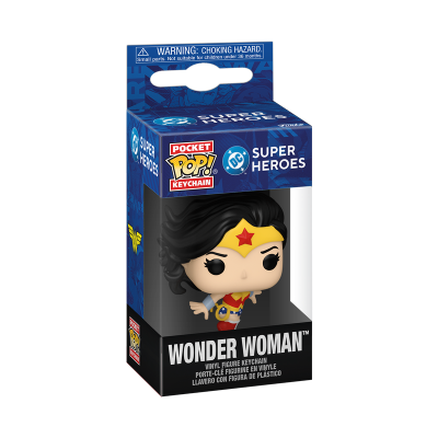 Chaveiro vinil Wonder Woman em caixa azul Pocket Pop DC Super Heroes
