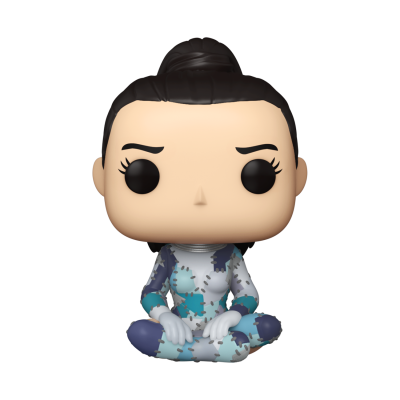 Figura Funko Pop com roupa cinzenta e azul sentada