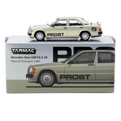 Miniatura carro Mercedes-Benz 190 E 2.3-16 PROST bege metálico sobre caixa com texto e ilustração
